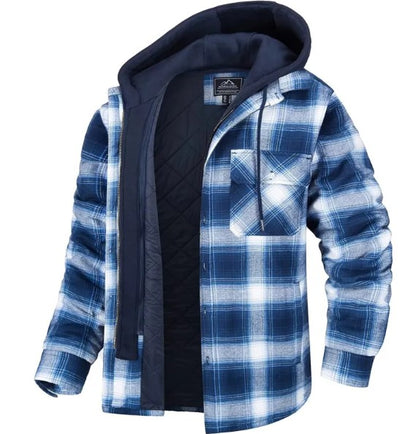 Men's Plaid Hooded Coat Winter Warm Button Zip-up Jacket Fashion Casual Thick Padded Long Sleeves Outerwear Clothing