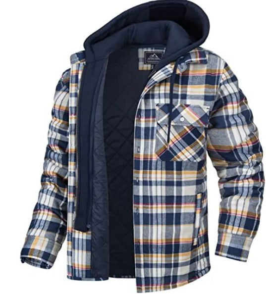 Men's Plaid Hooded Coat Winter Warm Button Zip-up Jacket Fashion Casual Thick Padded Long Sleeves Outerwear Clothing