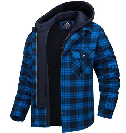 Men's Plaid Hooded Coat Winter Warm Button Zip-up Jacket Fashion Casual Thick Padded Long Sleeves Outerwear Clothing