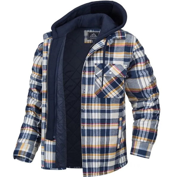 Men's Plaid Hooded Coat Winter Warm Button Zip-up Jacket Fashion Casual Thick Padded Long Sleeves Outerwear Clothing