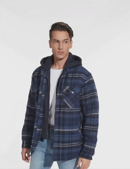 Men's Plaid Hooded Coat Winter Warm Button Zip-up Jacket Fashion Casual Thick Padded Long Sleeves Outerwear Clothing